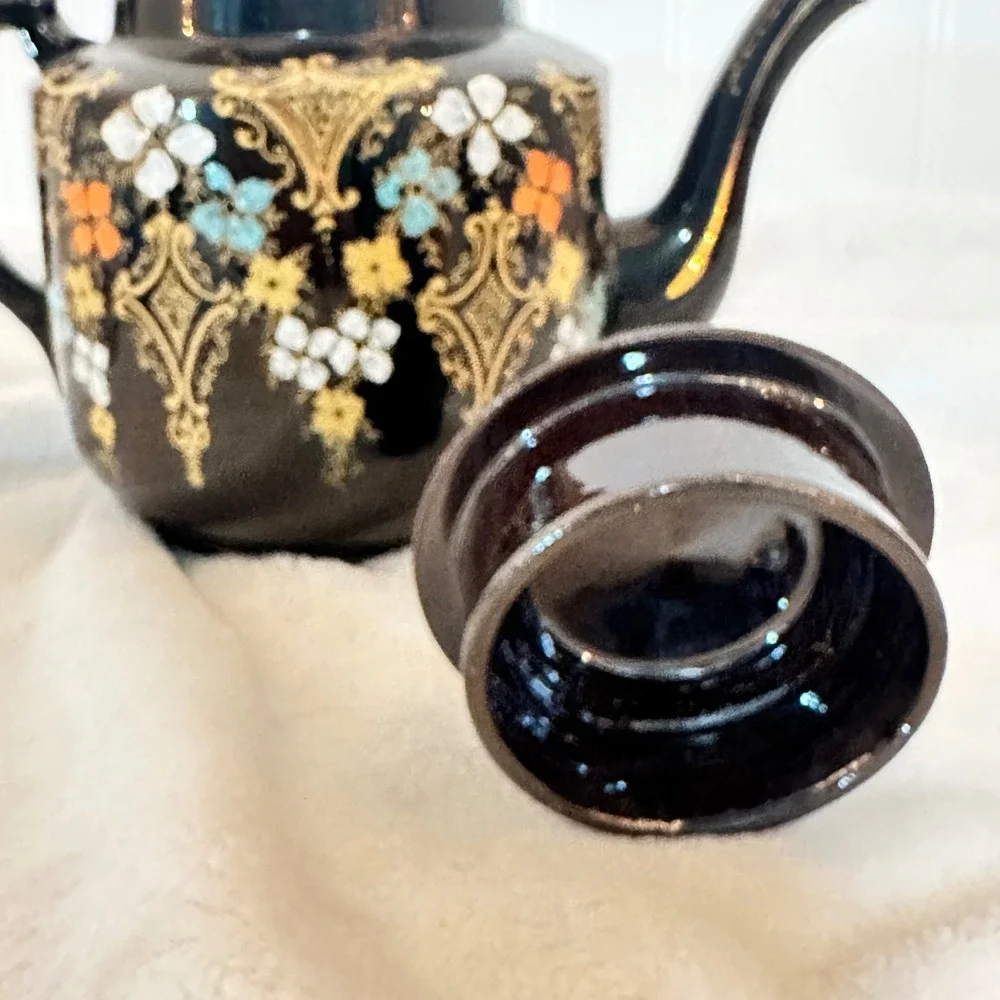 Vintage Hague Teapot Dark Hand Painted Floral Made in England Cottagecore Glazed